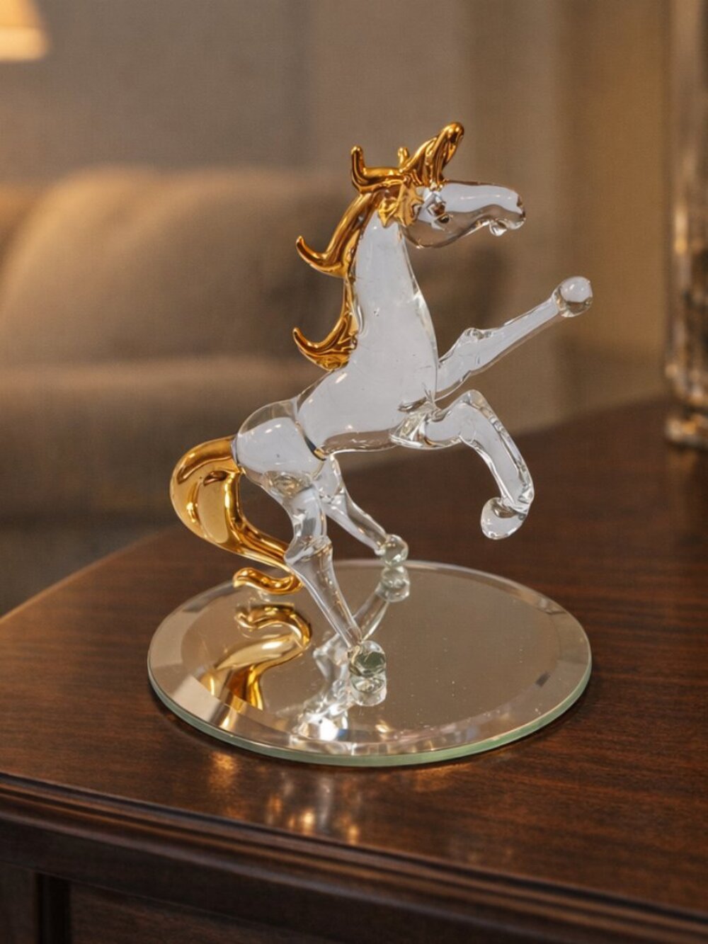 NIB Vintage Hand Blown Glass Rearing Unicorn Gold Trimmed on Mirrored Base